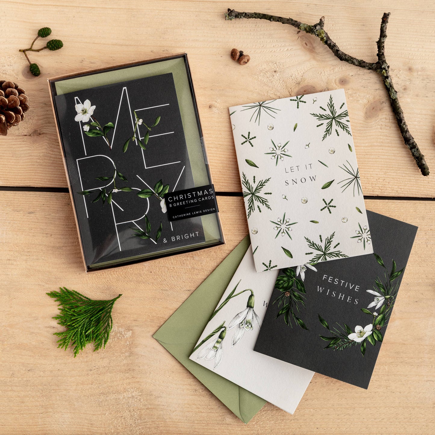 Box of 8 Luxury Botanical Christmas Cards - Festive Foliage